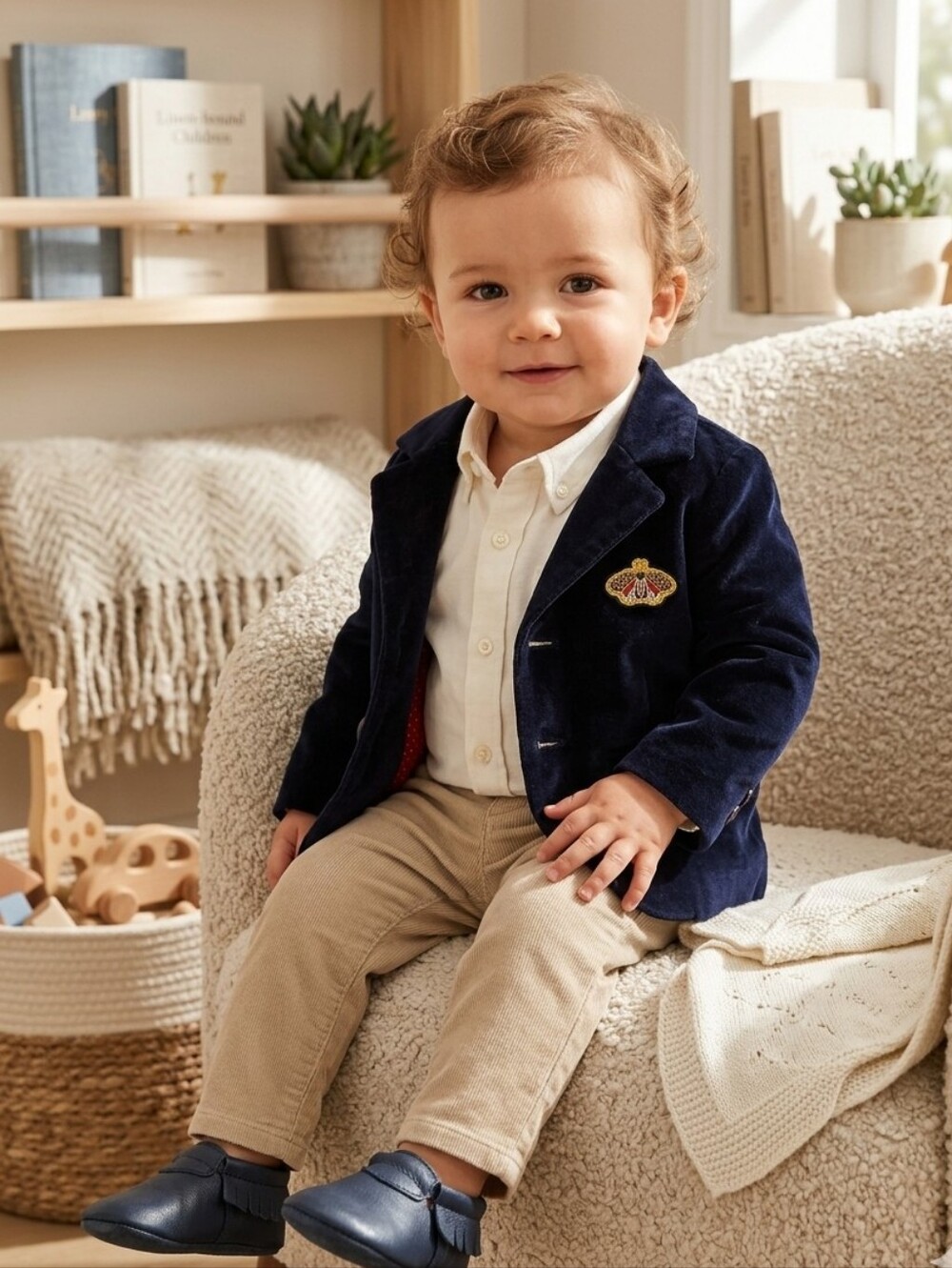 Toddler Navy Velvet Blazer with Embroidered Crest